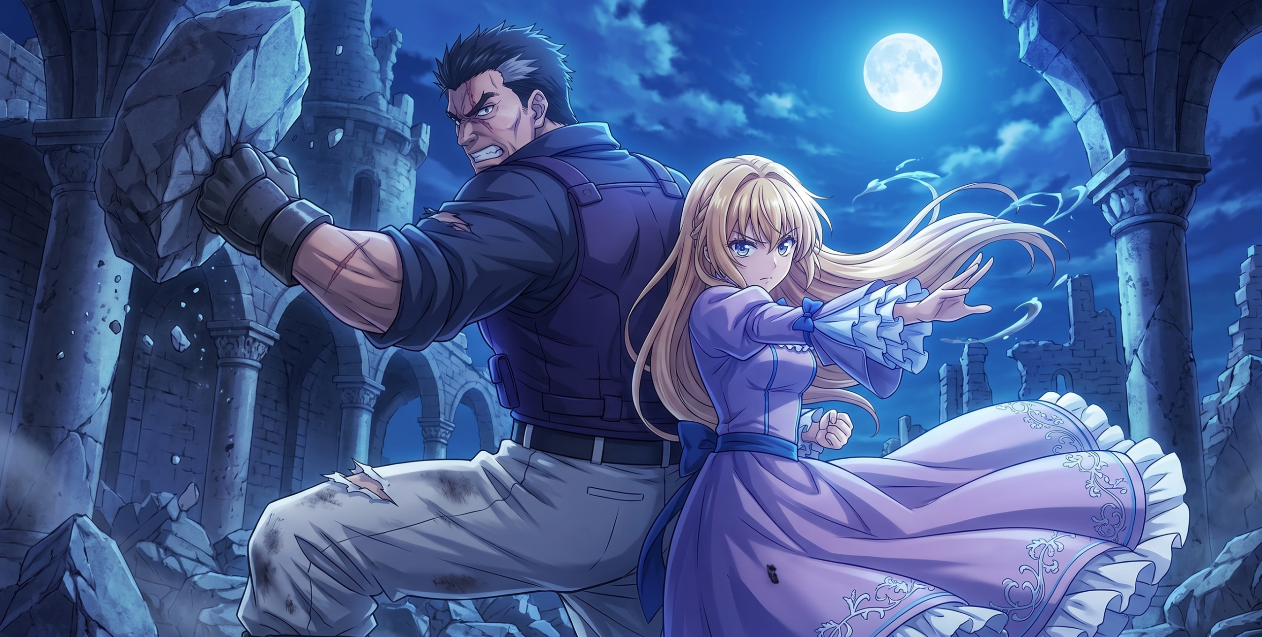 アニメ『釣り令嬢』。主人公マリーアと、彼女に武術を叩き込んだ父公爵との共闘シーン。跡取りとして育てられたマリーアの強さのルーツが感じられる、大迫力の親子バトルカット