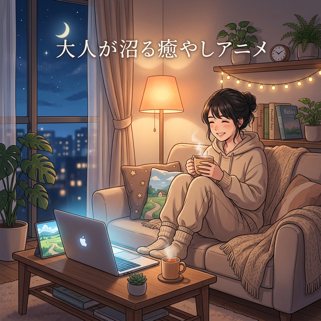 夜にソファでくつろぎながら癒やしアニメを楽しむ大人女子のイラスト