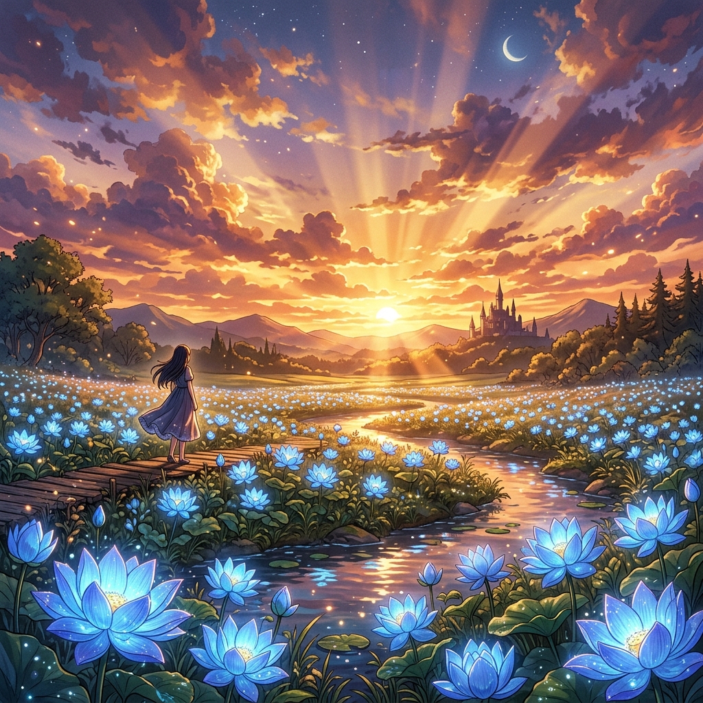 葬送のフリーレン 鏡蓮華の青い花畑と美しい夕暮れの光