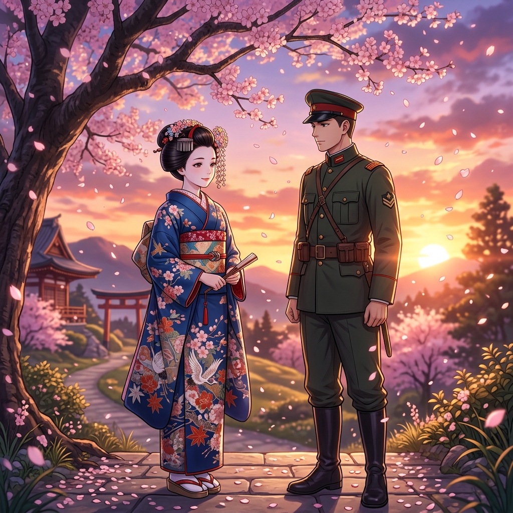 アニメ『わたしの幸せな結婚』のような、和風ファンタジーの世界観を表現した挿絵