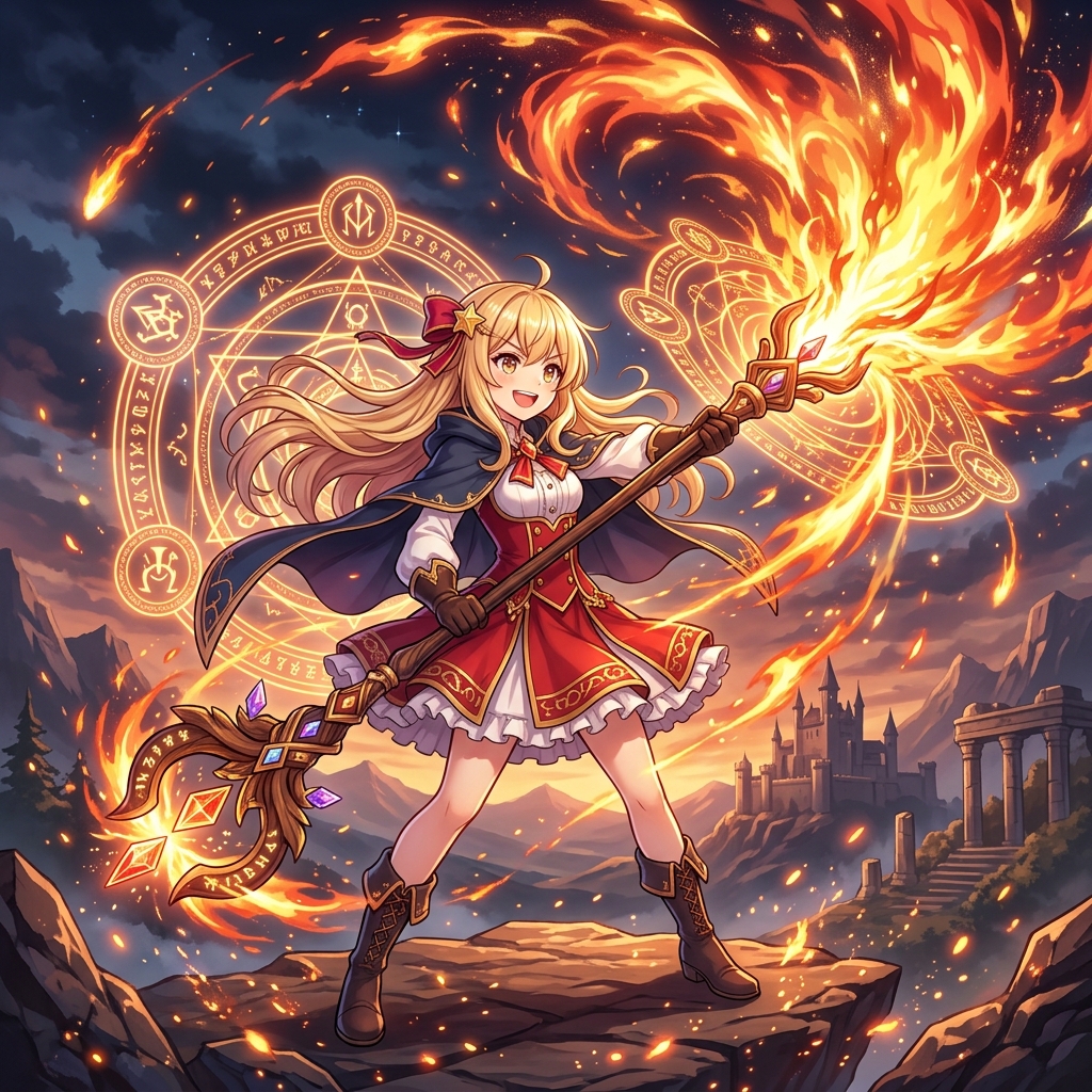 アニメ『鑑定スキル』のシャーロットのように、圧倒的な魔法火力を放つ天才少女のイメージ画像