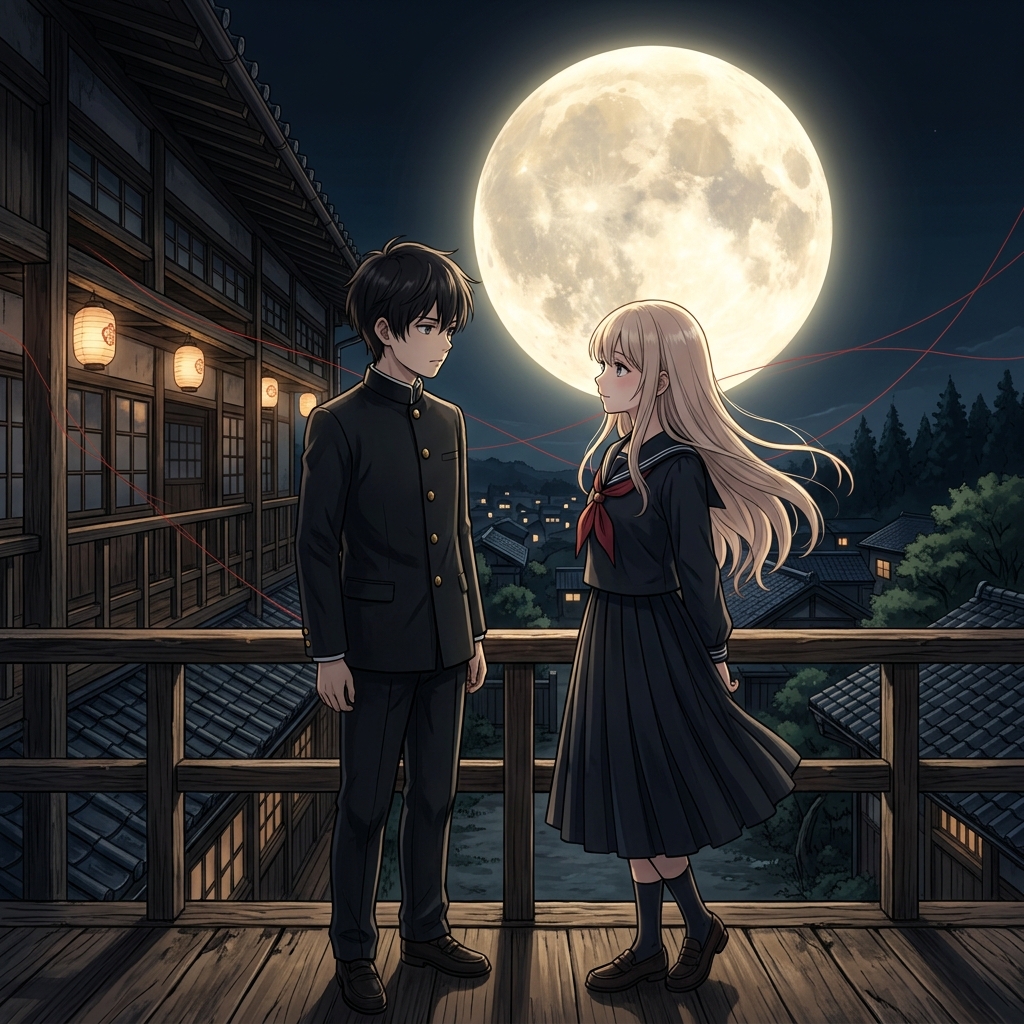 アニメ『地縛少年花子くん』の月夜に佇む花子くんと寧々をイメージした幻想的なアイキャッチ