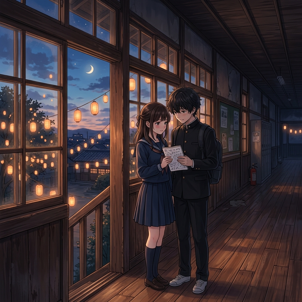 『地縛少年花子くん』の世界観をイメージした、不思議な雰囲気の校舎で寄り添う二人