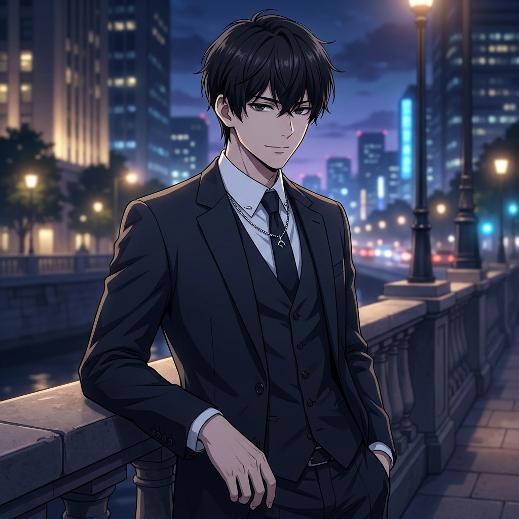 アニメ『来世は他人がいい』の霧島のように、ミステリアスな笑みを浮かべる男性のイラスト