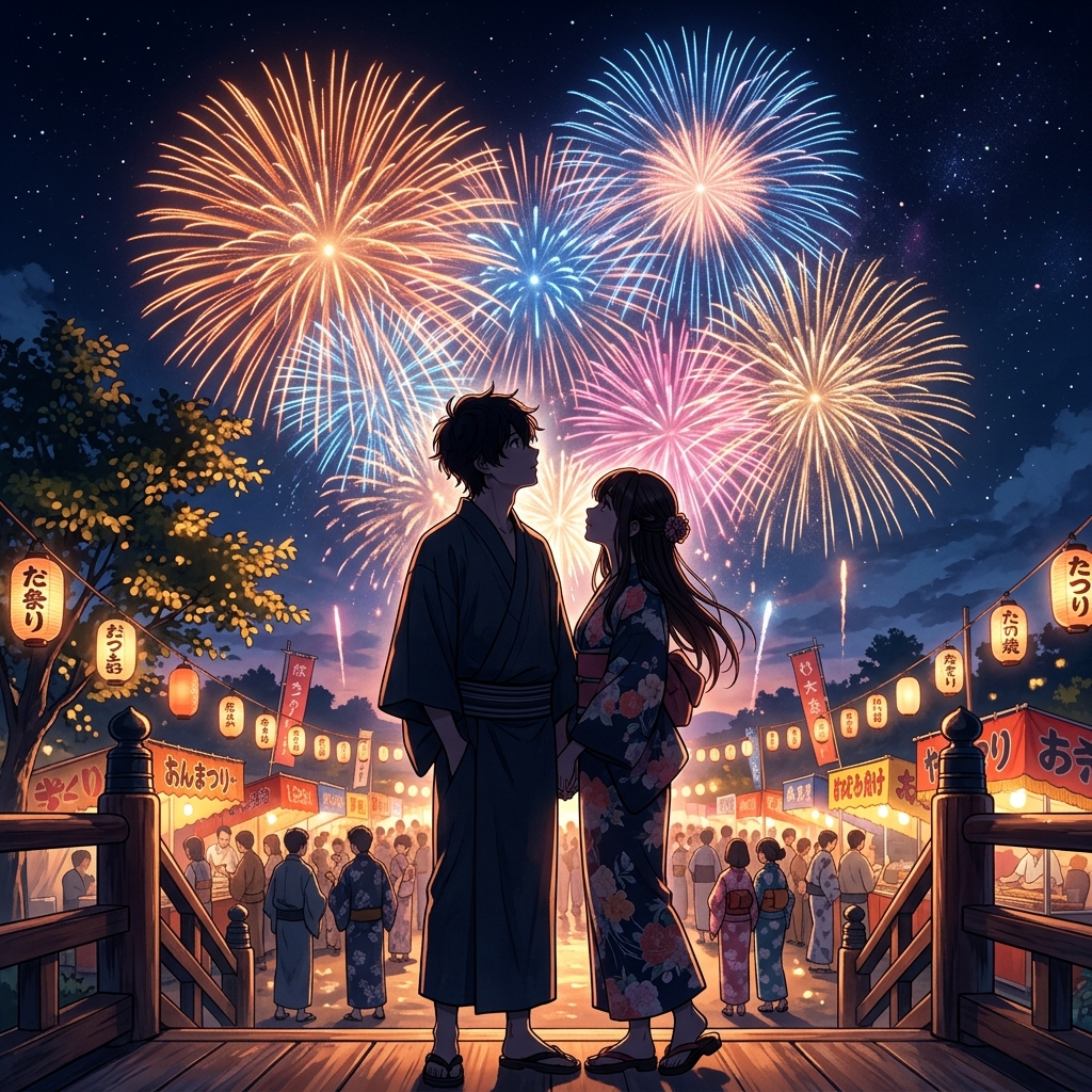 夏祭りの花火と二人