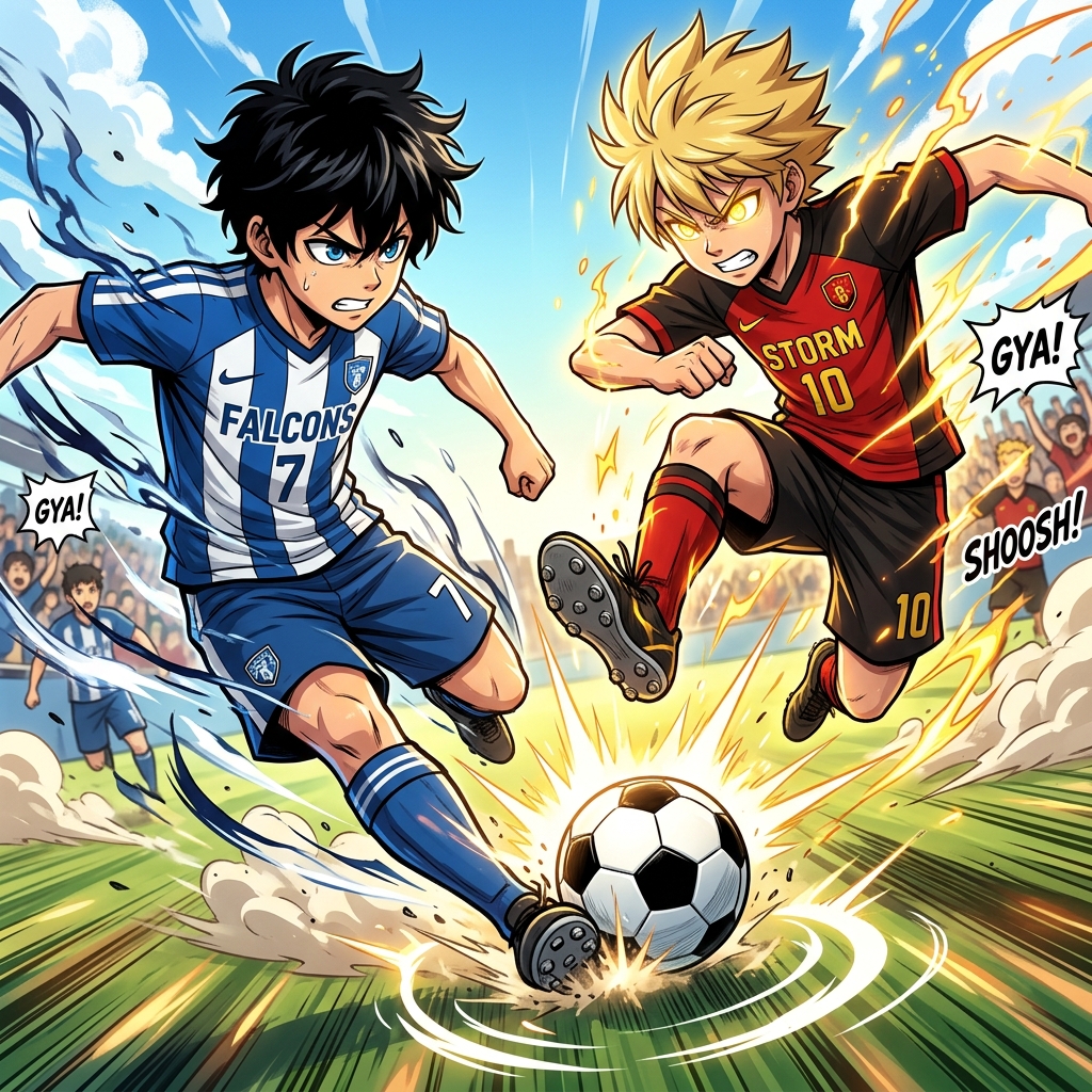 大狼十三と天童天馬のサッカー・スポーツ対決シーン
