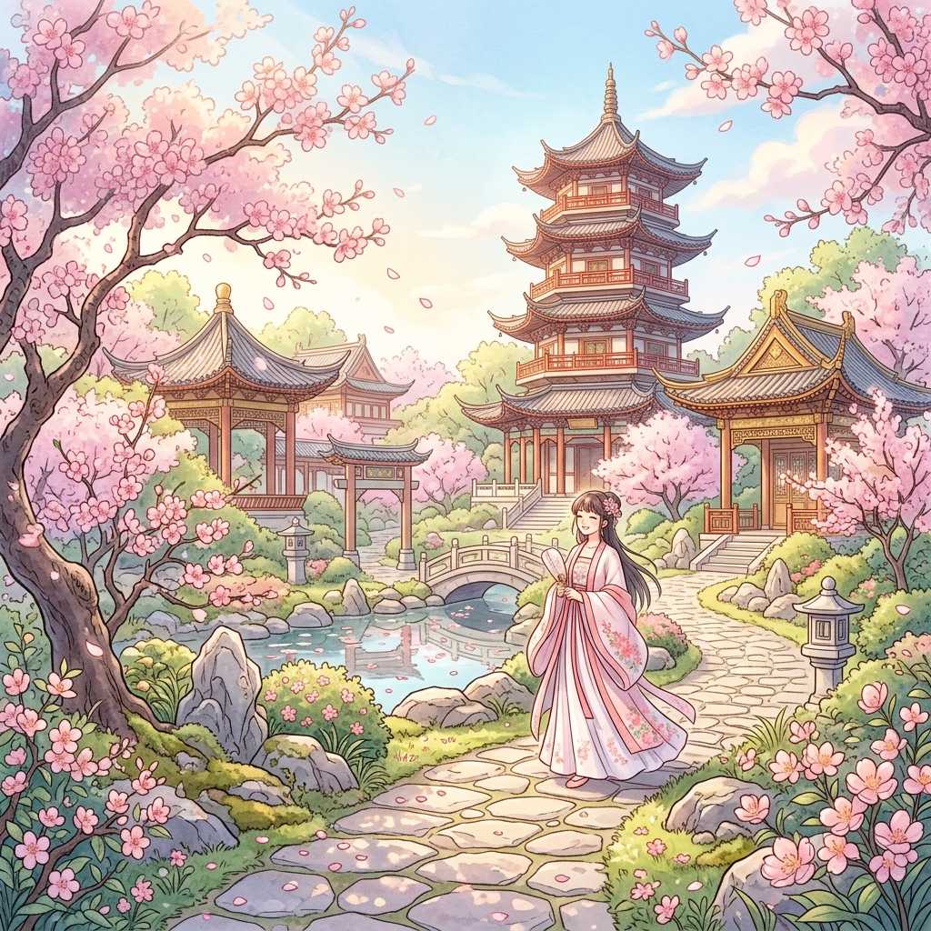 薬屋のひとりごと 豪華な宮廷庭園と桜の木の下で作業するイメージ