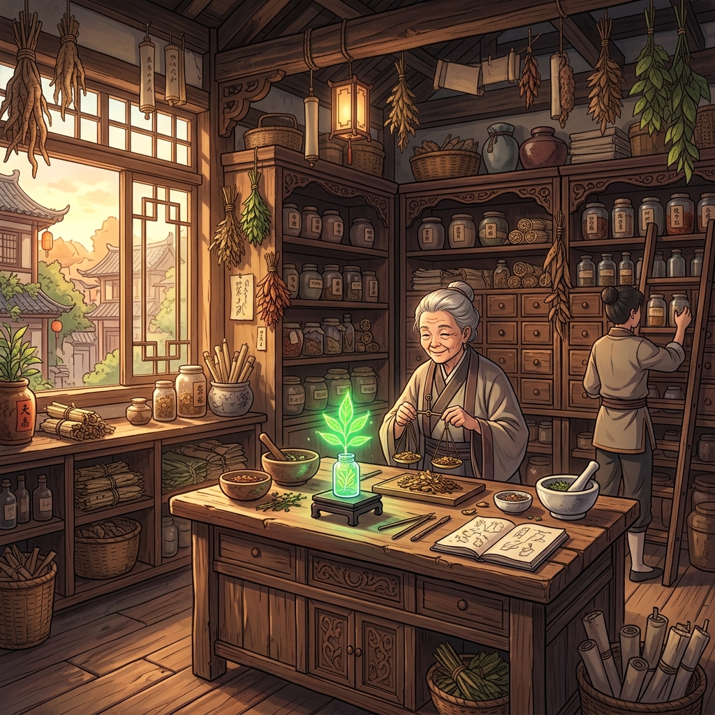 薬屋のひとりごと レトロな中華風の薬室と怪しく輝く緑の薬草