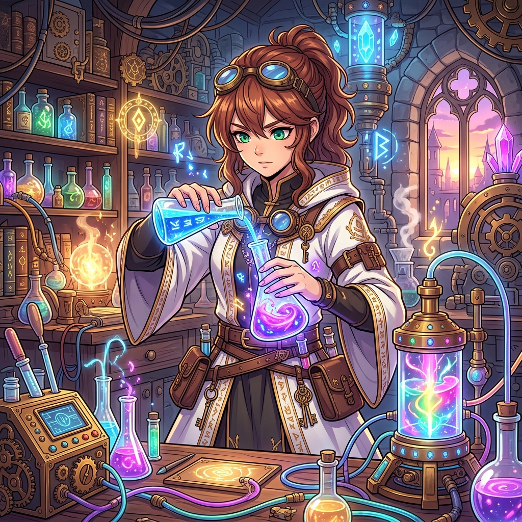 アニメ『聖女の魔力は万能です』を彷彿とさせる、薬草の研究に没頭する知的なヒロインのイメージ画像