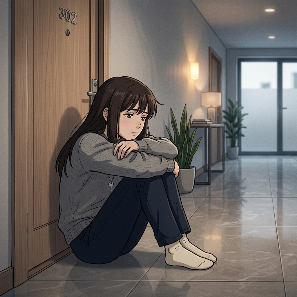 アパートのドアの前の廊下に座り込んで佐々木を待つお隣さん
