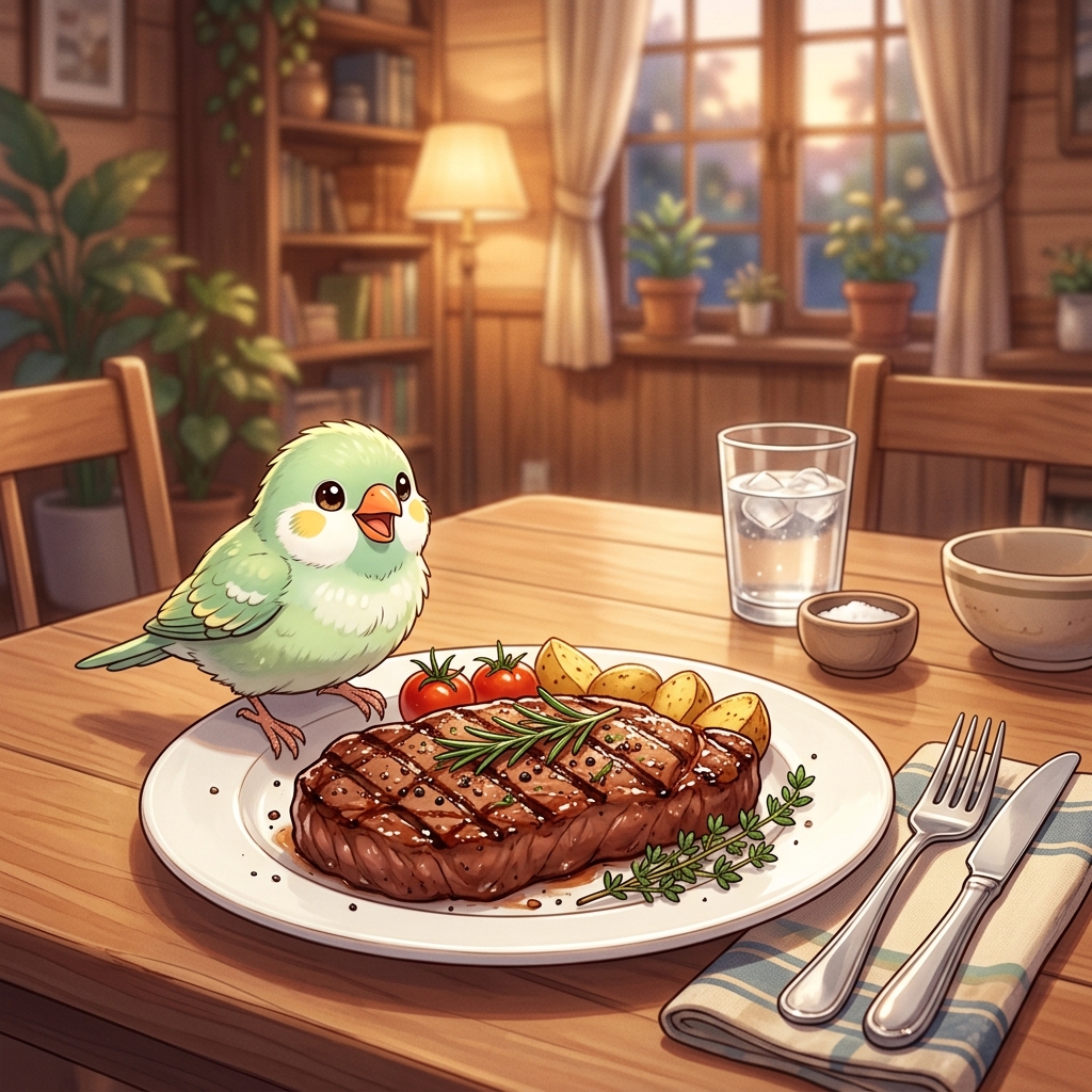 テーブルの上で高級ステーキを嬉しそうに食べる文鳥のピーちゃん