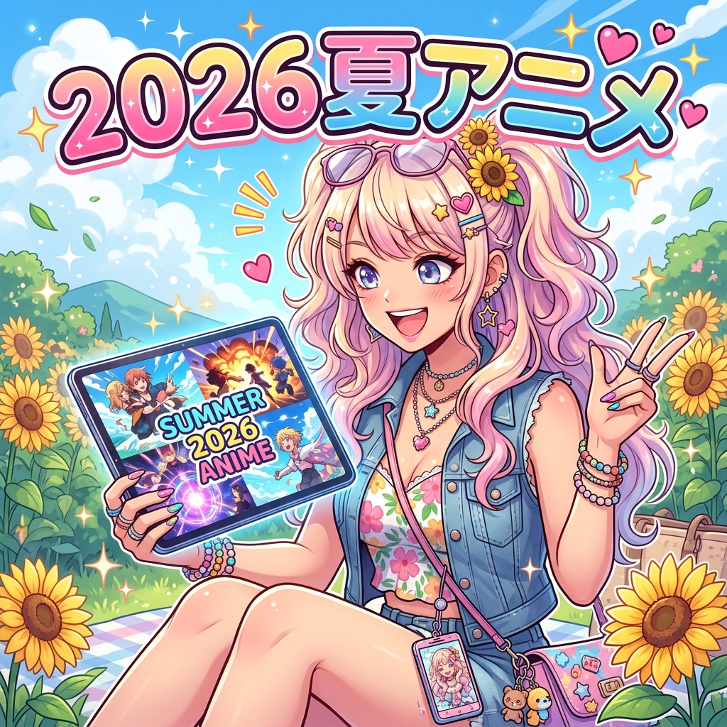 2026年夏アニメの期待作をタブレットでチェックする、おしゃれなギャルオタのイラスト