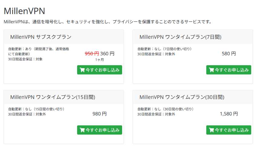 MillenVPNの登録手順画面